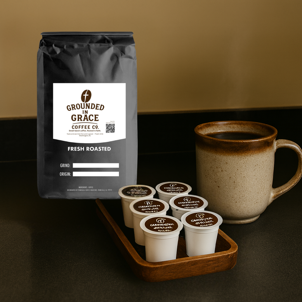 Grounded in Grace Coffee Co. packaging with single serve coffee pods and a coffee cup.