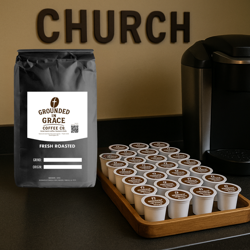 Grounded in Grace Coffee Co. packaging with single serve coffee pods and a coffee machine.