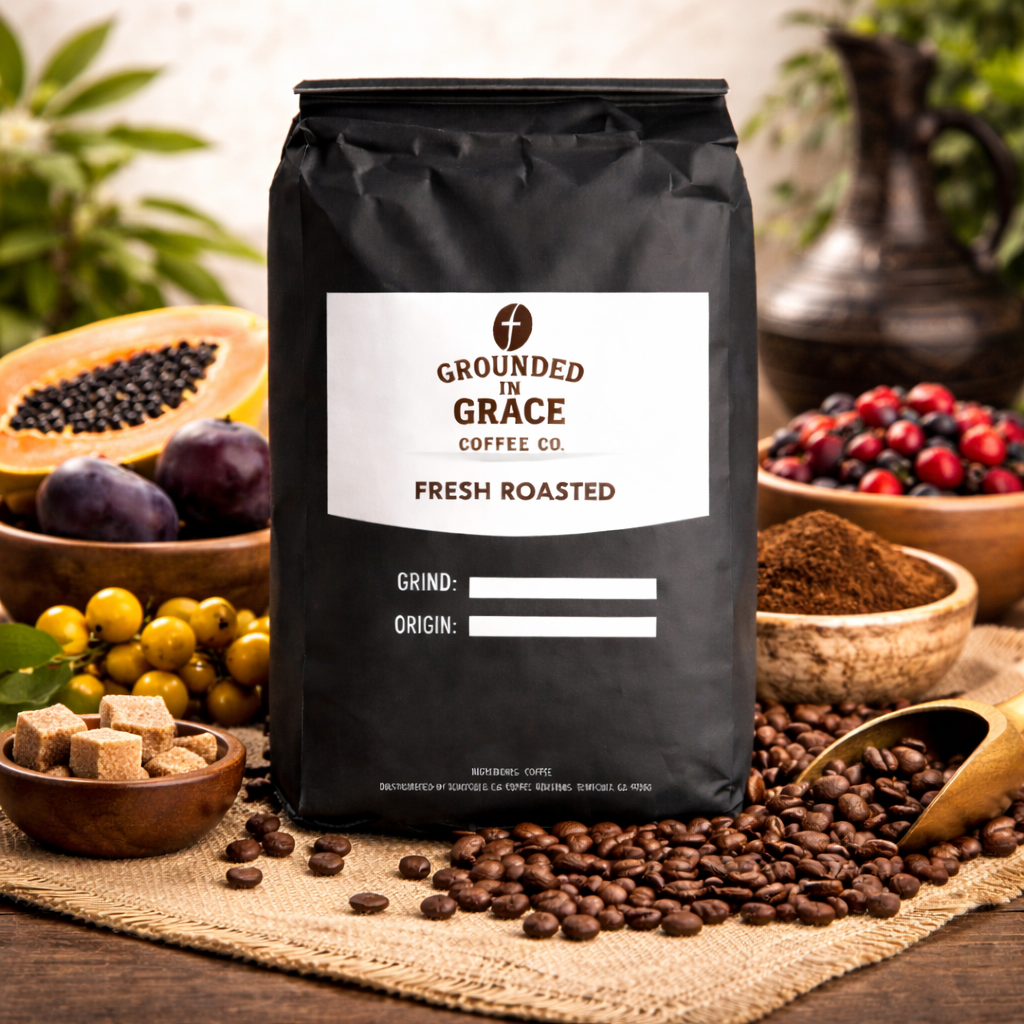 Grounded in Grace Coffee Co. Sidama Sunrise Ethiopia natural single origin coffee bag with fruity and chocolate notes.