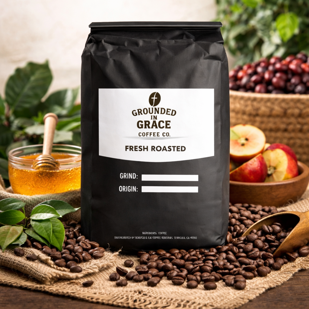 Grounded in Grace Chimbu Gold Papua New Guinea coffee bag, medium roast single origin with caramel, honey, and fruit notes.