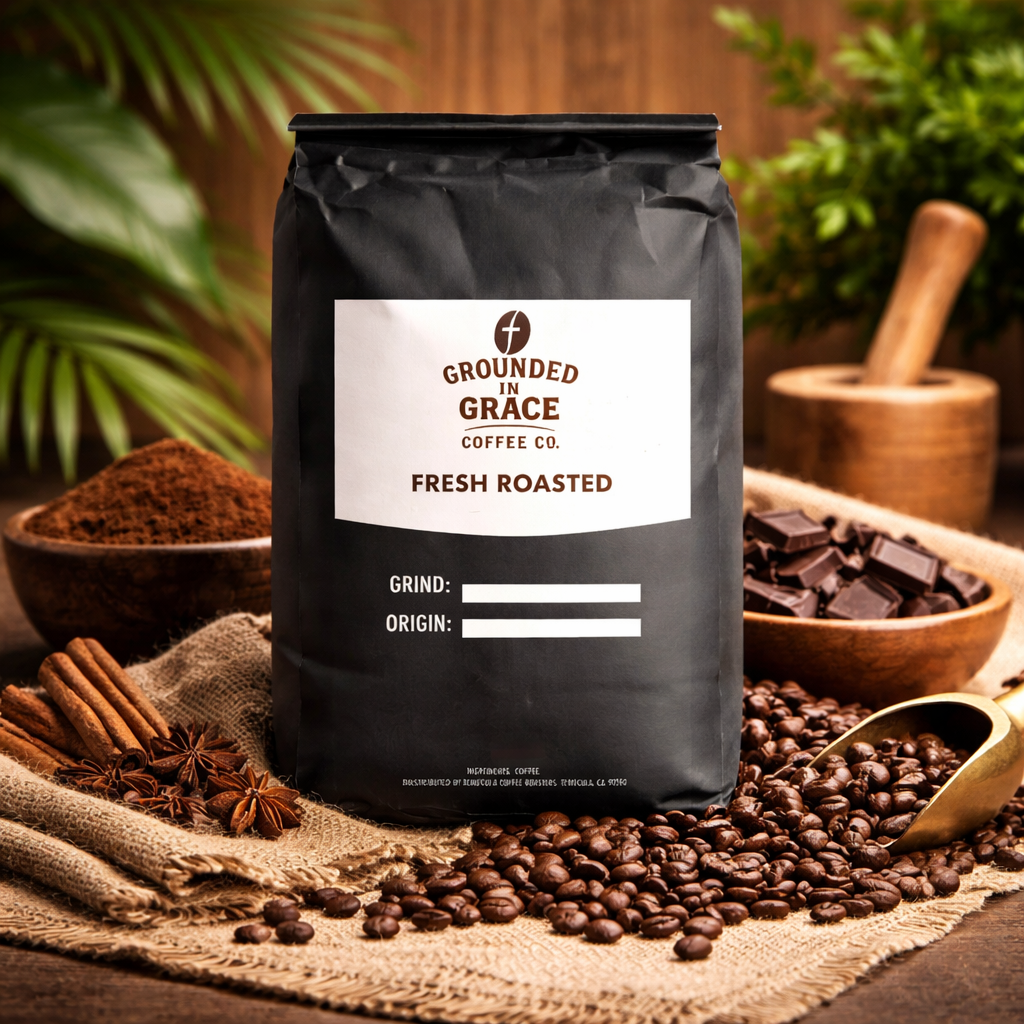 Black Grounded in Grace Coffee Co. bag of Sumatra Aceh single origin coffee surrounded by coffee beans and dark chocolate.