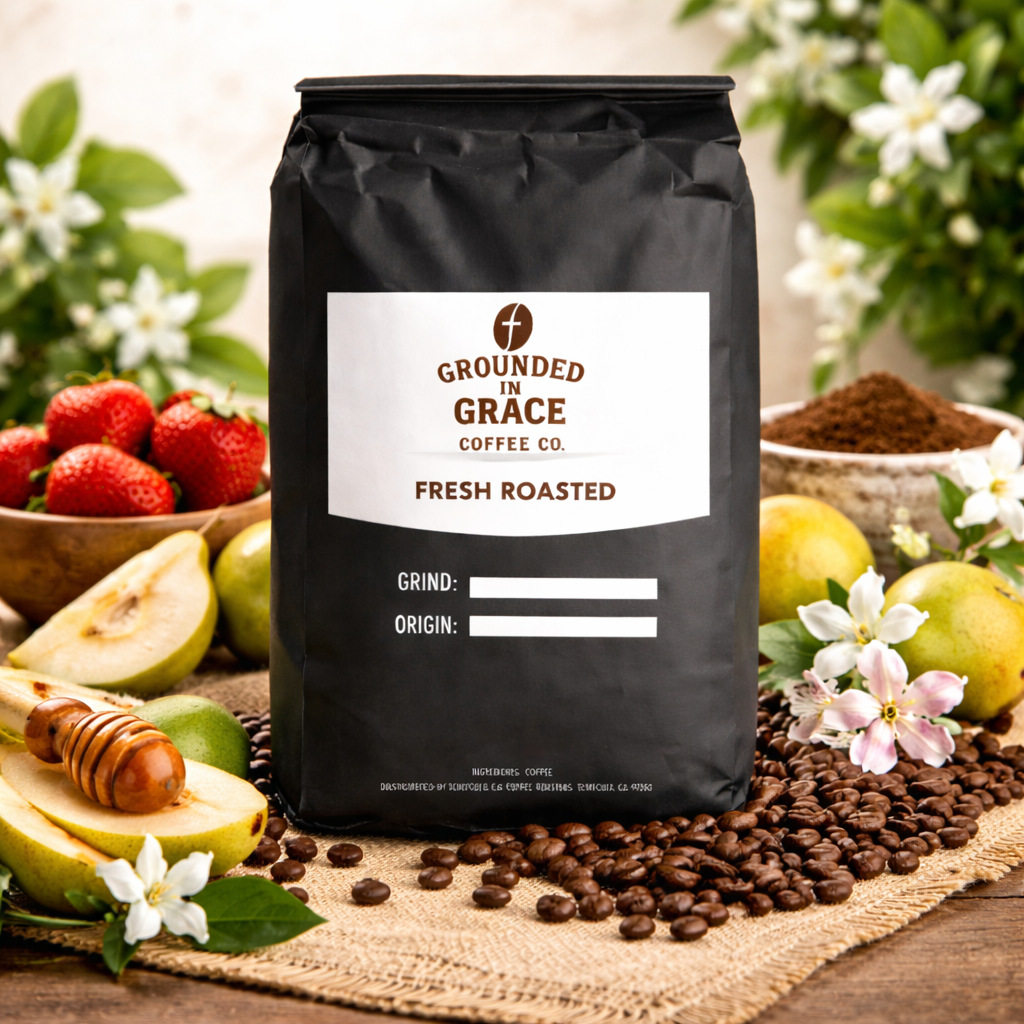 Grounded in Grace Coffee Co. Mbeya Bloom Tanzania single origin coffee bag with pear, strawberry, and jasmine notes.