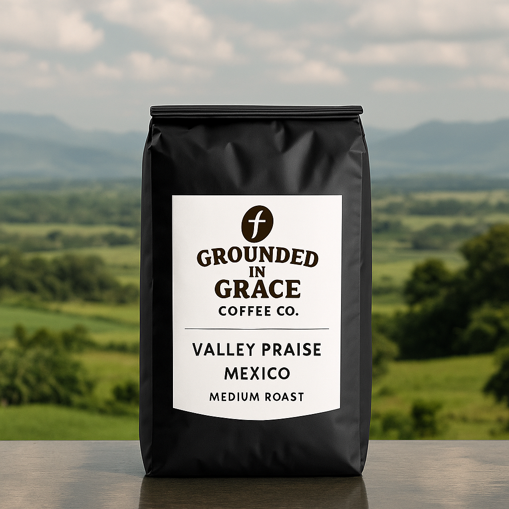 A Grounded in Grace Coffee Co. Valley Praise Mexico Medium Roast bag with a white label displayed in front of a green Mexican valley landscape under a soft, cloudy sky.