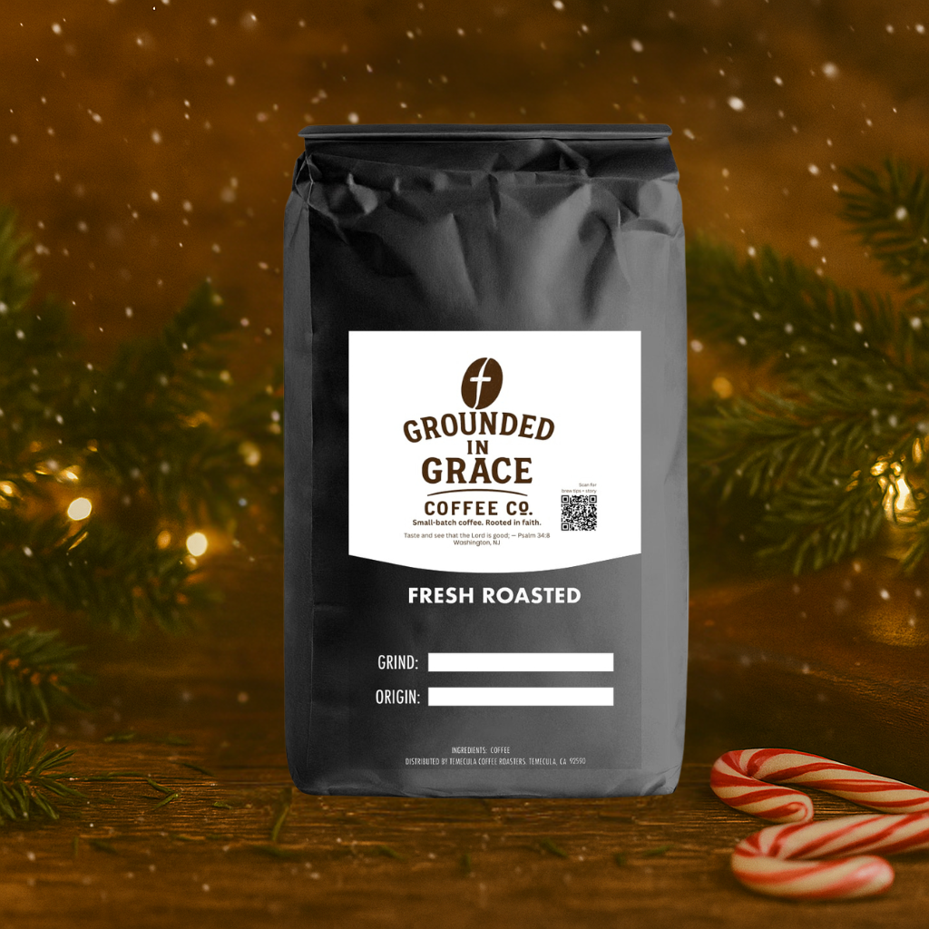 Grounded in Grace Coffee Co. Joyful Peppermint coffee bag with Christmas decorations in the background
