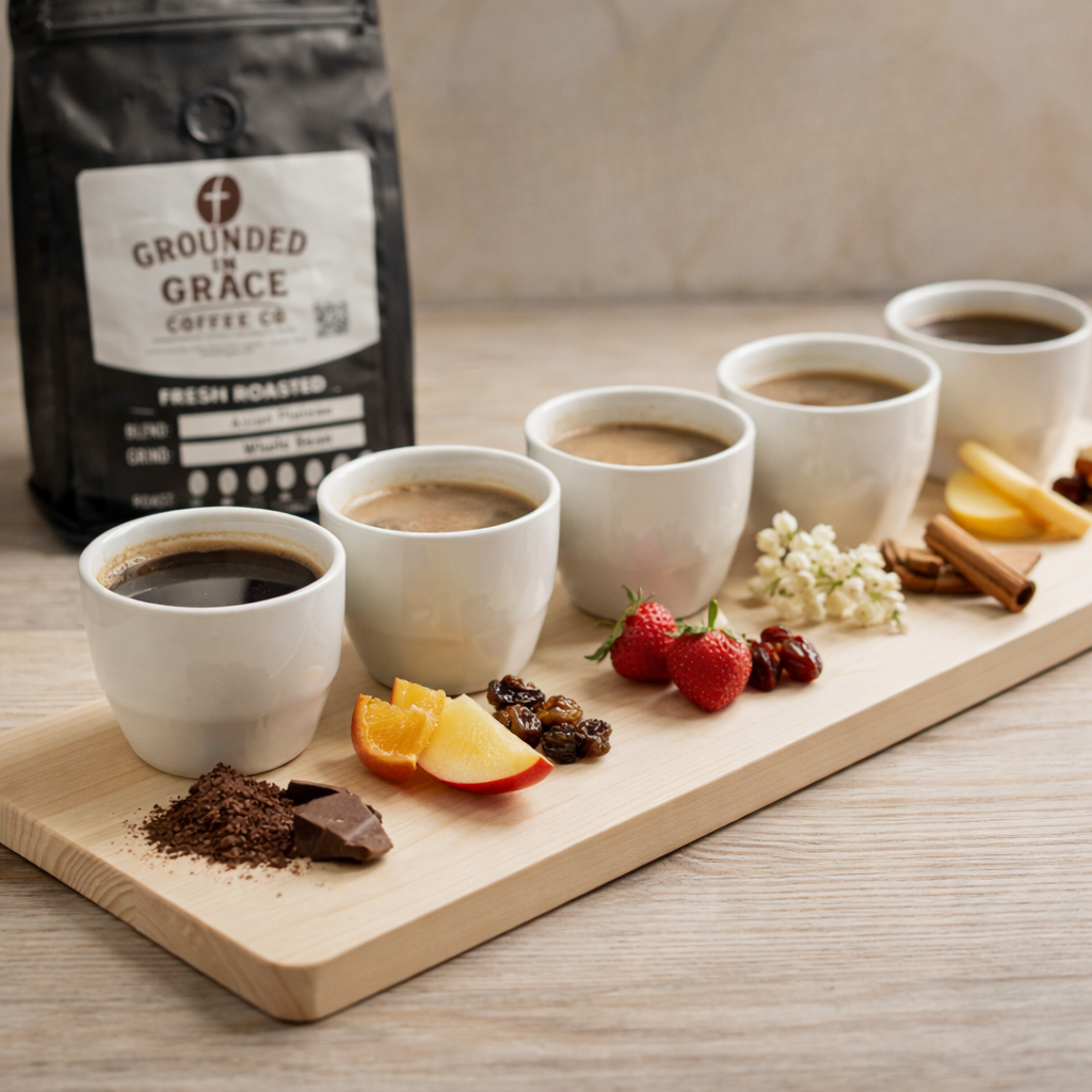 Roaster’s Reserve single origin coffee sampler with tasting flight cups and flavor notes, Grounded in Grace Coffee