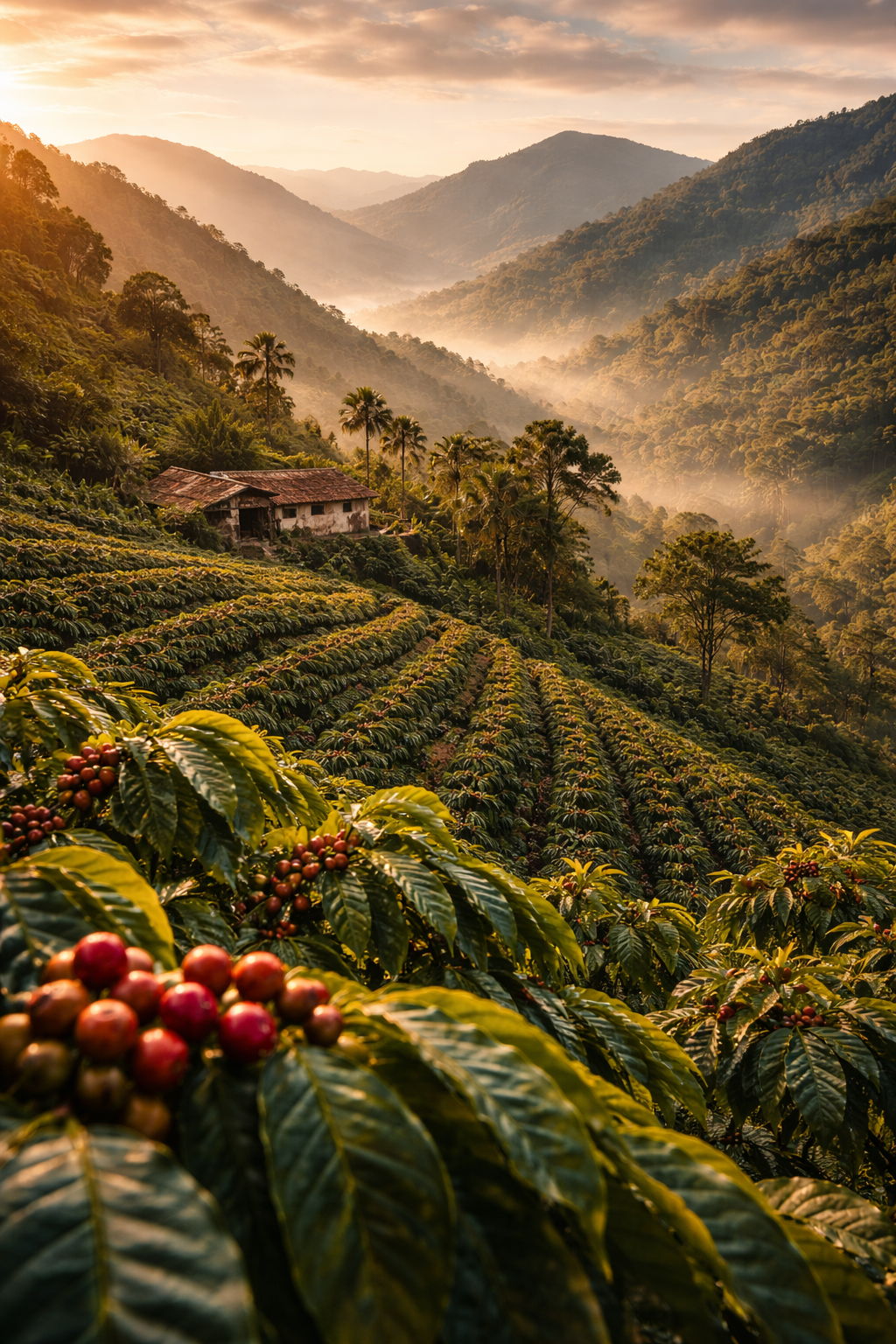 Sunrise over South American coffee fields