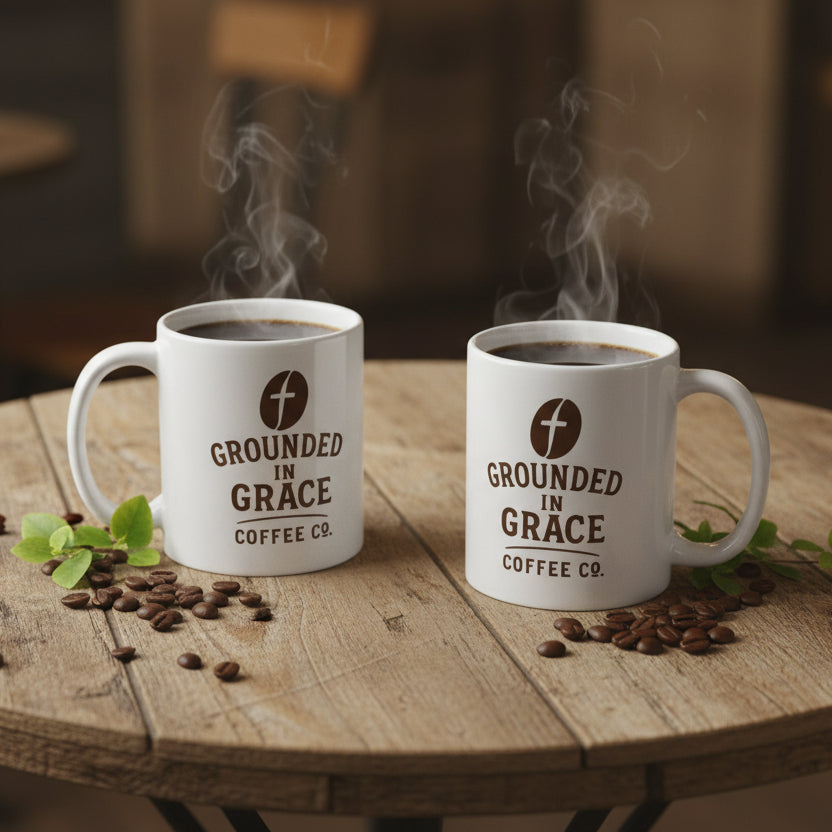 Two steaming white Grounded in Grace Coffee mugs on a wooden table with coffee beans